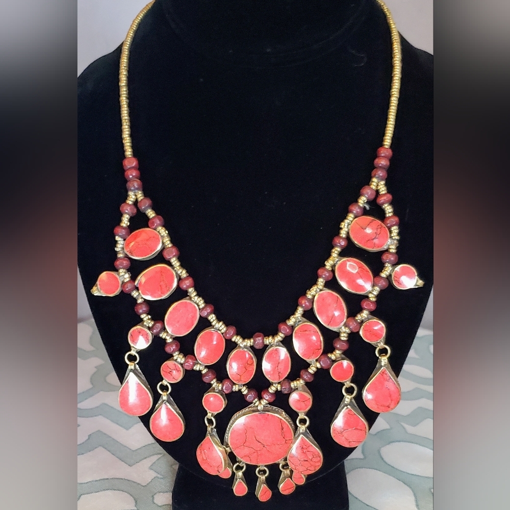 Vintage Kuchi Tribal Necklace Featuring Pink Howlite Stone And Seed Beeds